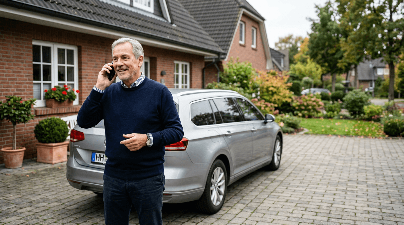 Kunde telefoniert entspannt neben seinem Fahrzeug