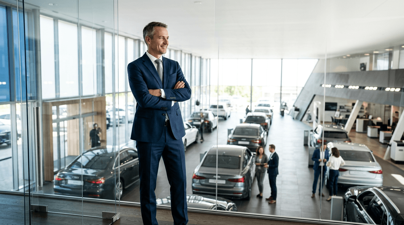 Geschäftsführer blickt über einen modern geführten Autohausbetrieb